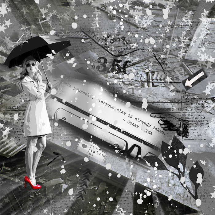 Rachel Jefferies-December Mixed Media Challenge-Black & White & A Pop Of Red-A Mile In My Shoes